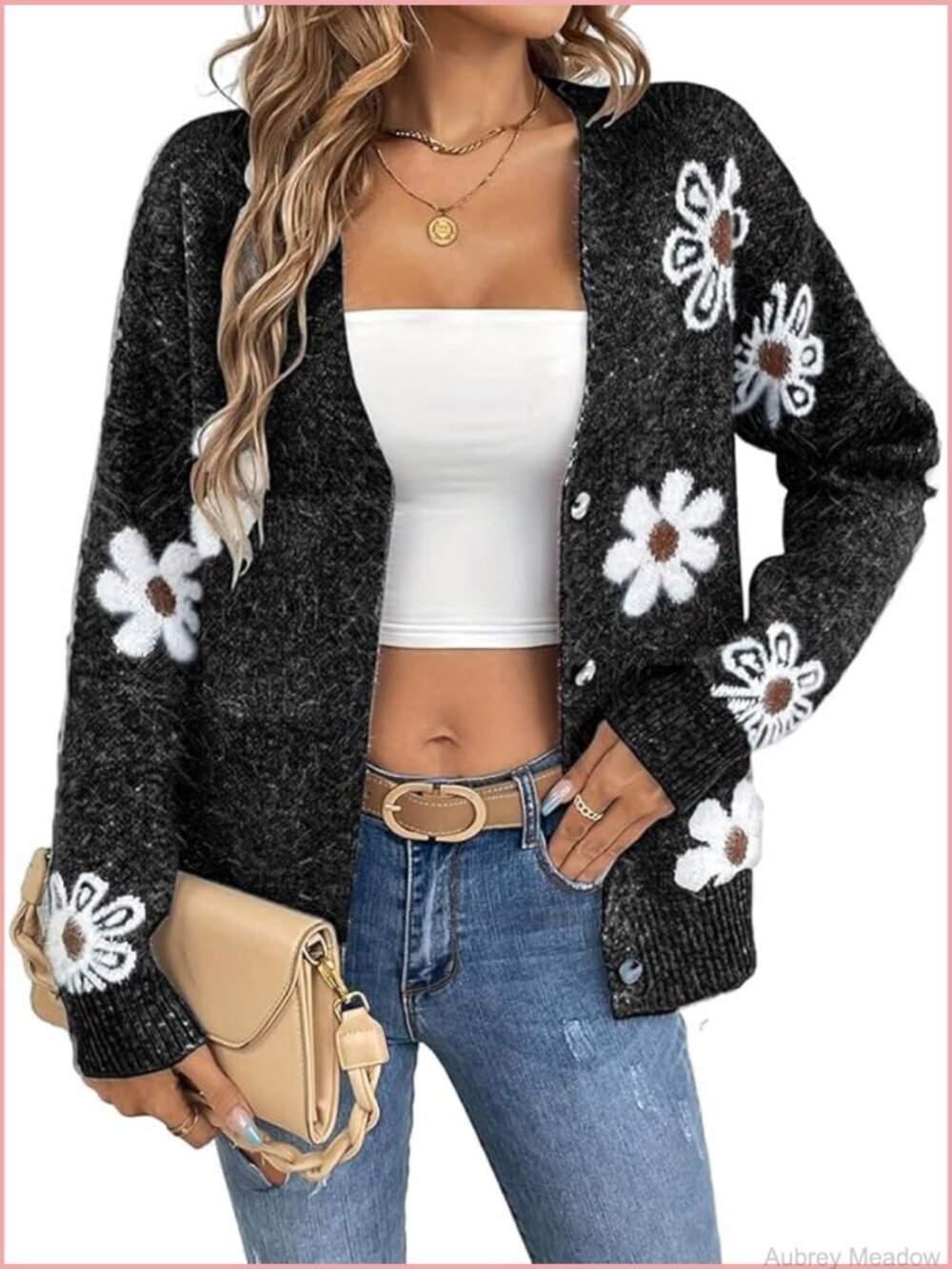 Daisy Button Down Cardigan Sweater Long Sleeve Floral Knit Top Fall Winter